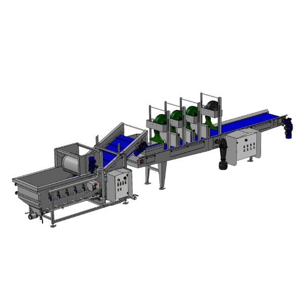 Line with washing tank and discharge into air blade drying tunnel for various fruits and vegetables